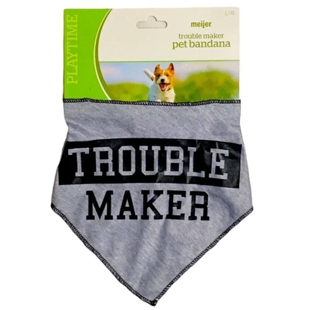 Dog Bandanna Trouble Maker Adjustable Tie On Gray Black Graphic Large X Large